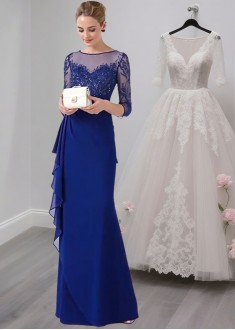 Elegant Blue Chiffon Mother of the Bride Dress with Illusion Sleeves