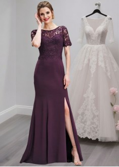 Purple Mother of the Bride Dress – Full Length Sheath Gown with Short Sleeves