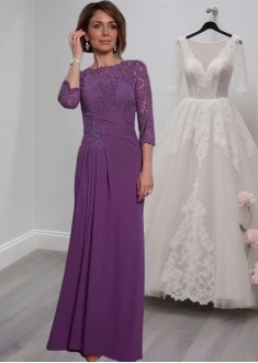 Lace and Chiffon Full-Length Mother Dresses with 3/4 Sleeves 