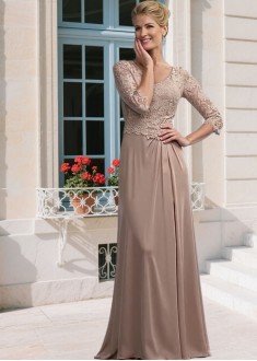 Elegant Lace & Satin Chiffon Mother of the Bride Dress – V-Neck Sheath Gown with Illusion Sleeves, Full Length