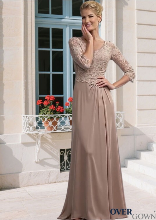 Elegant Lace & Satin Chiffon Mother of the Bride Dress – V-Neck Sheath Gown with Illusion Sleeves, Full Length Elegant Lace & Satin Chiffon Mother of the Bride Dress – V-Neck Sheath Gown with Illusion Sleeves, Full Length