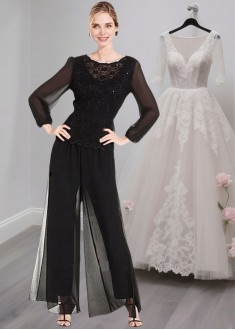 Black Chiffon Mother of the Bride Pantsuits with Long Sleeves