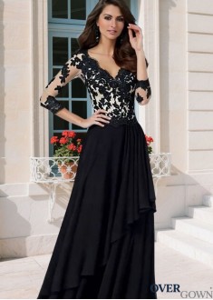 Elegant Black Full Length Mother of the Bride Gown Illusion Sleeves