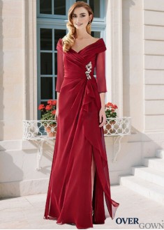 Off-Shoulder Illusion Sleeve Red Chiffon A-line Full Mother Dress