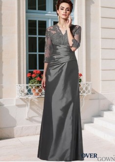 Elegant Queen Anne Neckline Taffeta Mother of the Bride Dress – Full Length A-Line with Illusion Sleeves