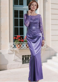 Elegant Purple Taffeta & Lace Mother of the Bride Dress – Jewel Neck Sheath Gown with Illusion Sleeves