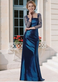 Elegant Taffeta & Tulle Mother of the Bride Dress – Square Neck A-Line Gown with Illusion Sleeves