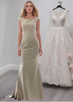 Scoop Neck Satin Mother of the Bride Dress – Full Length Sheath Gown with Cap Sleeves