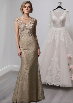 Tulle Lace Mother of the Bride Dress – Full Length Sheath Gown with Cap Sleeves