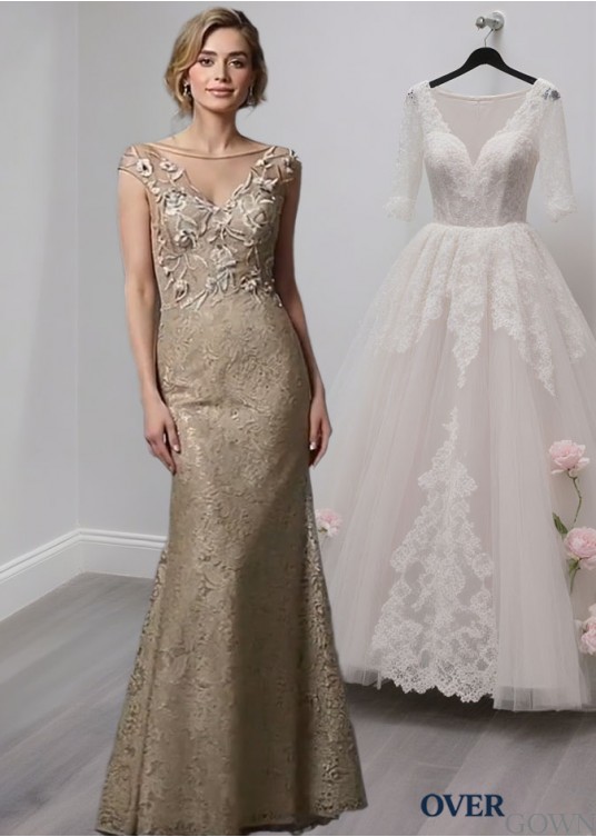 Tulle Lace Mother of the Bride Dress – Full Length Sheath Gown with Cap Sleeves Tulle Lace Mother of the Bride Dress – Full Length Sheath Gown with Cap Sleeves