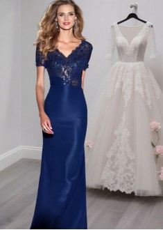 Blue Lace Chiffon V-Neck Full Length Mother of the Bride Dress with Sleeves