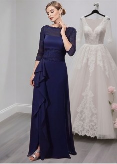 Blue Bateau Neck Mother of the Bride Dresses For Evening with Short Sleeves