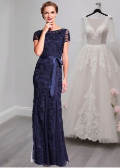 Lace Mother of the Bride Dress with Short Sleeves and Bateau Neckline