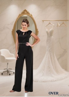 Black Acetate Satin  Mother of the Bride Pantsuit with Cap Sleeves