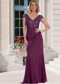 Elegant Purple Chiffon Mother of the Bride Dress – V-Neck Sheath Gown with Cap Sleeves, Full Length
