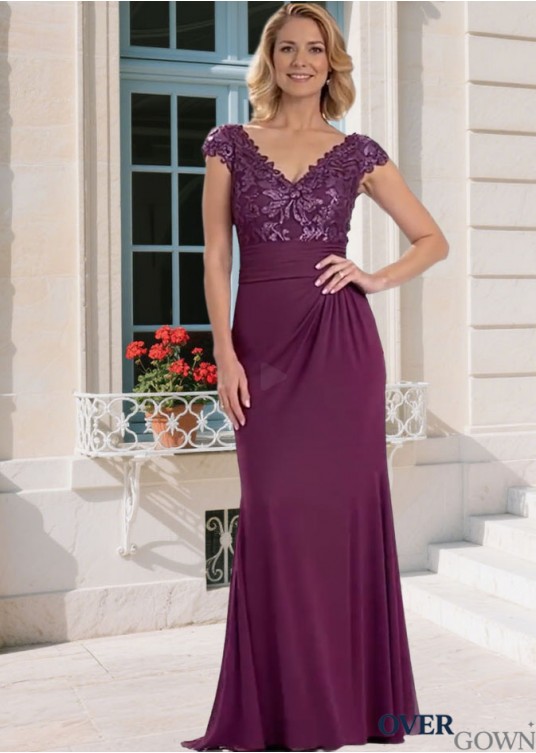 Elegant Purple Chiffon Mother of the Bride Dress – V-Neck Sheath Gown with Cap Sleeves, Full Length Elegant Purple Chiffon Mother of the Bride Dress – V-Neck Sheath Gown with Cap Sleeves, Full Length