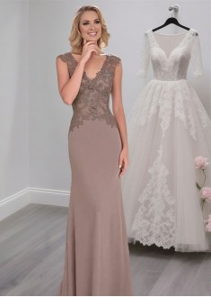 V-Neck Mother of the Bride Dress – Full Length Sheath Gown with Cap Sleeves