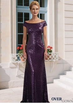 Scoop Neck Cap Sleeve Purple Sequin Lace Sheath Full Mother Dress
