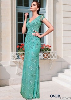 Sheath Column V-Neck Cap Sleeve Tulle Lace MOB Dress Full Length