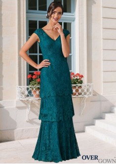 Full Length Lace Mother of the Bride Gown V Neck Cap Sleeve