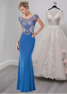 Blue Scoop Neck Stretch Satin Mother of the Bride Evening Dress with Cap Sleeves