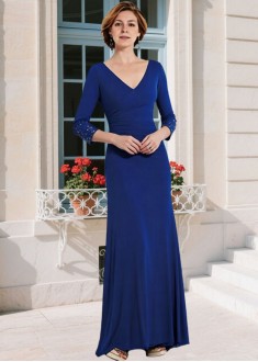 Blue Chiffon V-Neck Sheath Mother of the Bride Dress