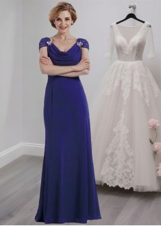 Blue V Neck Full Length Chiffon A-Line Mother of the Bride Dress with Cap Sleeves