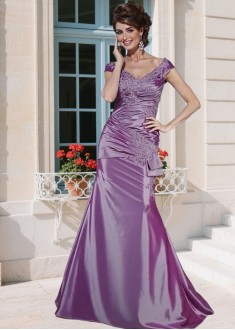 Elegant Purple Taffeta Off-the-Shoulder Mother of the Bride Dress with Cap Sleeves