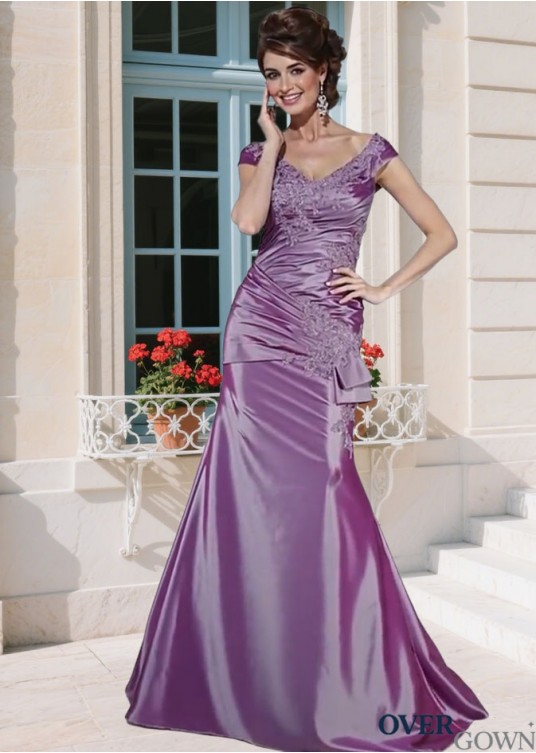 Elegant Purple Taffeta Off-the-Shoulder Mother of the Bride Dress with Cap Sleeves Elegant Purple Taffeta Off-the-Shoulder Mother of the Bride Dress with Cap Sleeves