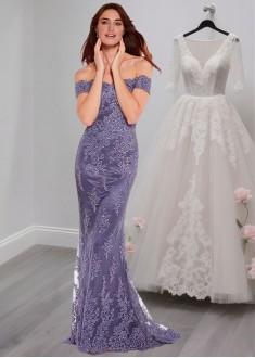 Off the Shoulder Tulle Mother of the Bride Dress in Purple – Full Length Gown