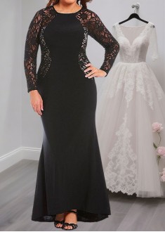 Black Plus Size Chiffon Mother of the Bride Dress with Illusion Sleeves