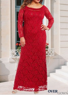 Red Lace Scoop Sheath Mother of the Bride Dress with Illusion Sleeves