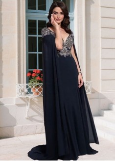 Elegant Chiffon V-Neck Mother of the Bride Dress with Illusion Sleeves – Full Length Sheath Gown