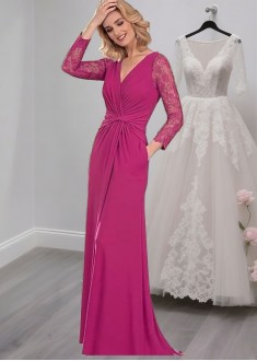 V-Neck Full-Length Lace Chiffon Mother of the Bride Dress with Long Sleeves