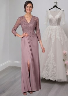 Elegant Lace and Satin Chiffon V-Neck Full-Length Mother of the Bride Dress – Sheath Silhouette