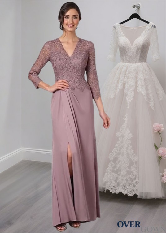 Elegant Lace and Satin Chiffon V-Neck Full-Length Mother of the Bride Dress – Sheath Silhouette Elegant Lace and Satin Chiffon V-Neck Full-Length Mother of the Bride Dress – Sheath Silhouette