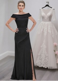 Off the Shoulder Black Chiffon Formal Evening Dress – Full Length Gowns