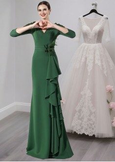 Green V-Neck Full Length Sheath Mother of the Bride Evening Dresses
