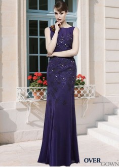 Full Length Purple Sheath Mother of the Bride Gown Chiffon Bateau