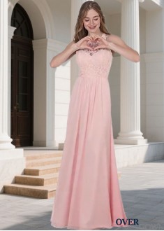 Jewel Neckline Lace Tulle A-Line Bridesmaid Dress – Long Prom Gown