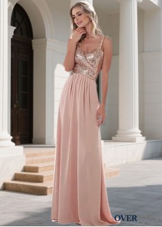 Pink Sequined Chiffon V-Neck Sleeveless Full-Length A-Line Bridesmaid Dress