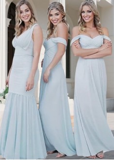 Off-The-Shoulder Blue Bridesmaid Dresses – Full Length Gown