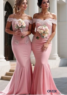 Pink Off-the-Shoulder Stretch Bridesmaid Dress | Mermaid Gown 