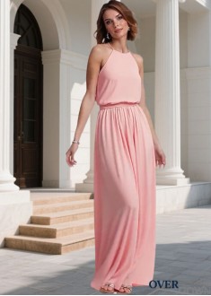 Pink Halter Neck Chiffon Dresses – Bridesmaid Gowns for Wedding
