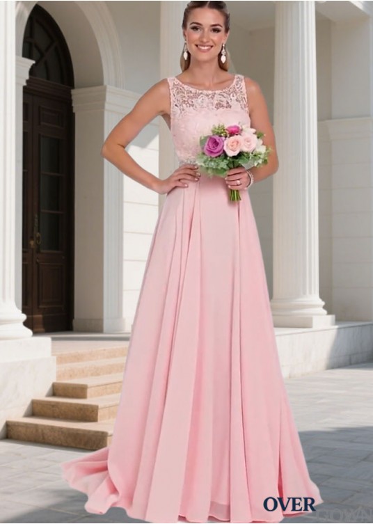 Pink Lace Chiffon Scoop Neck Sleeveless A-Line Bridesmaid Dress Pink Lace Chiffon Scoop Neck Sleeveless A-Line Bridesmaid Dress