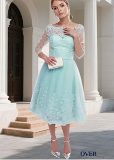Tulle Bateau Neck Lace Bridesmaid Dress – Tea Length Party Gown