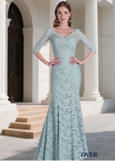 Blue Lace V-Neck Full Length Sheath Bridesmaid Dresses Sale