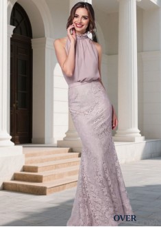 High Collar Chiffon & Lace Bridesmaid Dress – Full Length Sheath Gown