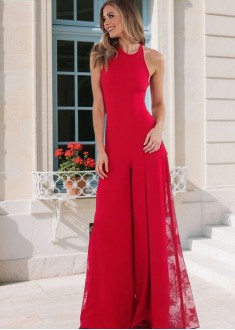 Red Halter Floor Length Evening Suits For Women Straight Silhouette 