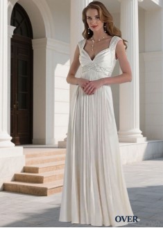 Elegant White Prom Dress – V Neck A Line Floor Length Gowns 